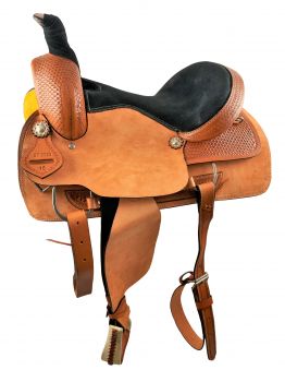 16" Medium Oil Roper Style saddle with rough out fenders &amp; jockeys with basket stamp tooling